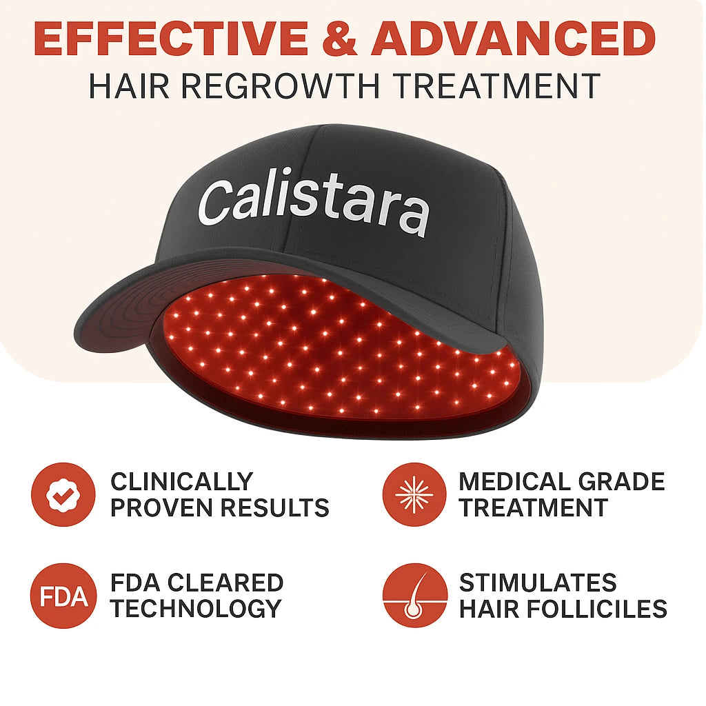 Calistara hair regrowth treatment cap with LED lights on a beige background