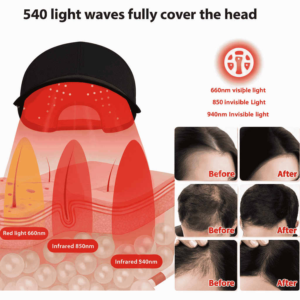 Calistara™ Red Light Therapy Cap using 540 light waves with visible and infrared LEDs for full scalp hair regrowth treatment, showing before and after results