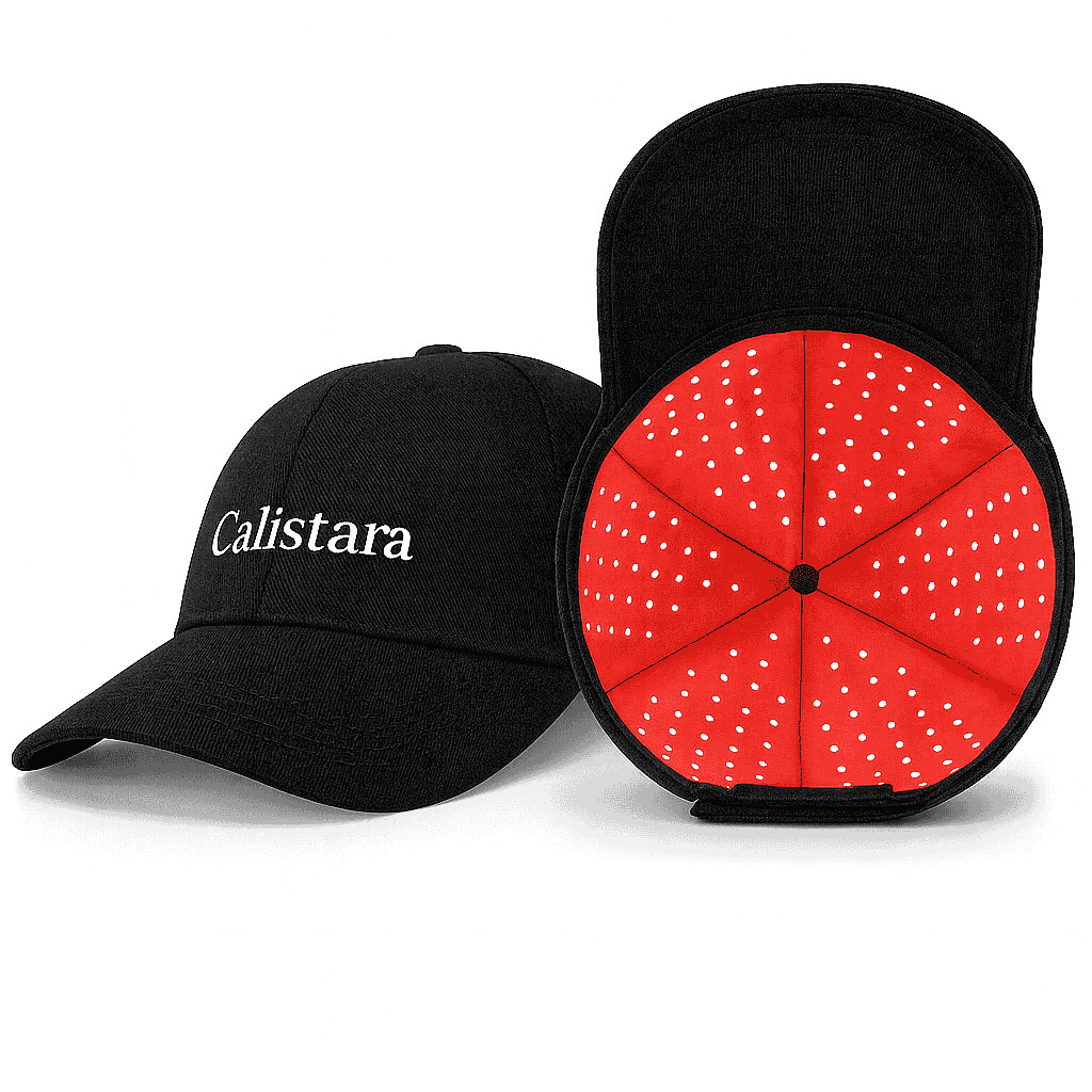 Man wearing Calistara™ Red Light Therapy Cap and smiling indoors as part of hair regrowth routine