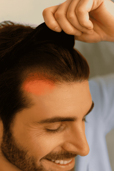 Man using Calistara™ Red Light Therapy Cap focusing on the hairline area during scalp treatment