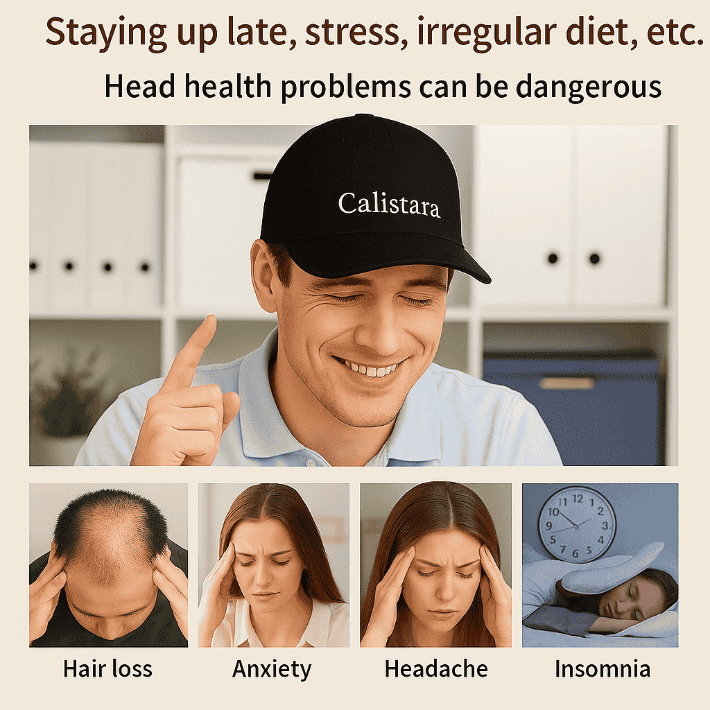 Man wearing Calistara™ Red Light Therapy Cap for hair regrowth and scalp health