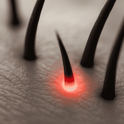 Close-up view of hair follicle illuminated by Calistara™ red light therapy stimulating scalp growth