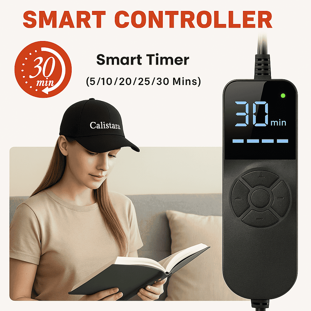 Woman wearing Calistara™ Red Light Therapy Cap reading a book next to smart controller with digital timer display