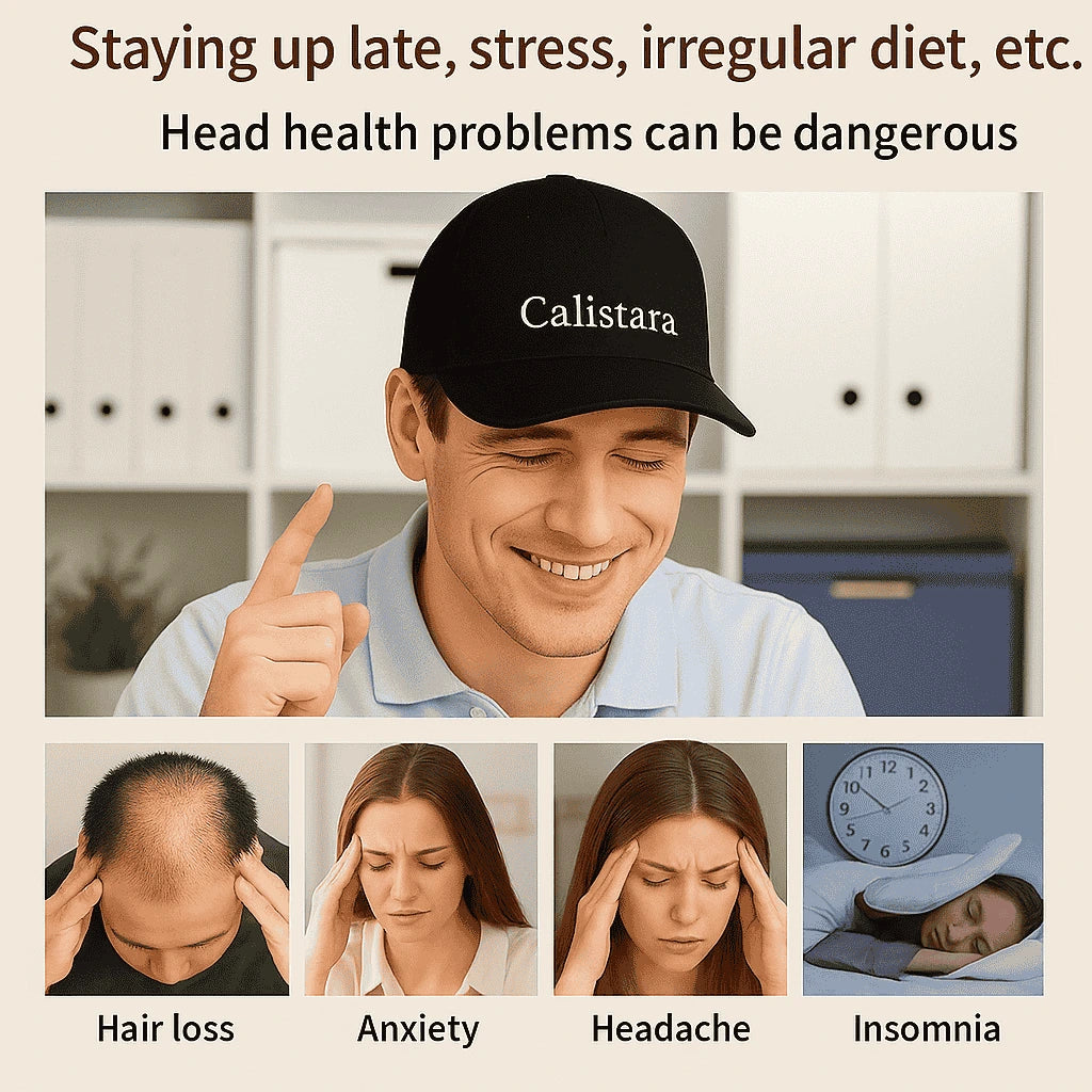 Man wearing a Calistara cap with text about head health problems and their symptoms.