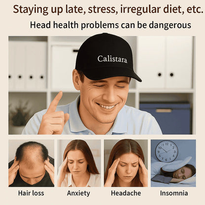 Man wearing a Calistara cap with text about head health problems and their symptoms.