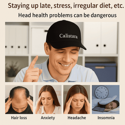 Man wearing Calistara™ Red Light Therapy Cap for hair regrowth and scalp health